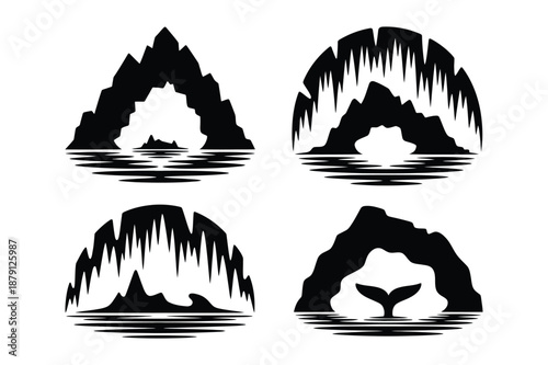 Arctic Ice Cave and Glacier Silhouettes with Whale Tail