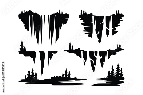 Tall Dramatic Waterfall Silhouettes from Mountain Cliffs
