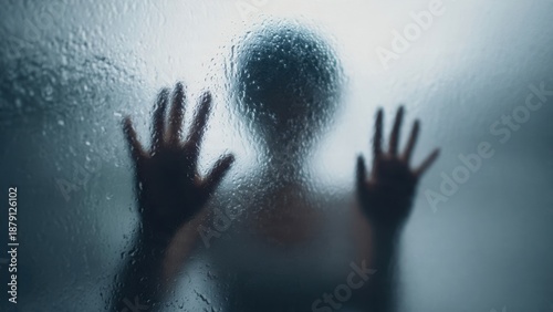 Blurred silhouette figure behind wet glass