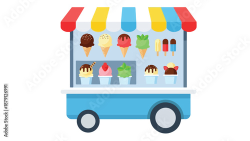 Colorful illustration of an ice cream cart with various sweet treats on display against a clean white background.