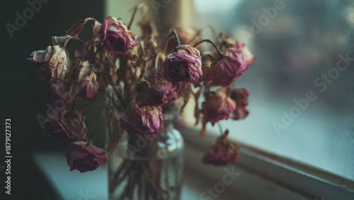 Faded roses in a glass vase by the window
