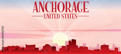 Foto Red panoramic poster of the city skyline with misty background buildings, sunris