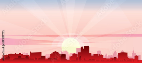 Bild auf Leinwand Red panoramic poster of the city skyline with misty background buildings, sunris