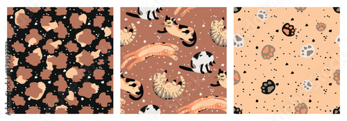 Cute cats seamless patterns collection. Animals skin texture, paw print and funny cartoon pets. Grainy backgrounds in black, gray and brown colors. Vector designs for printing on fabric and paper.