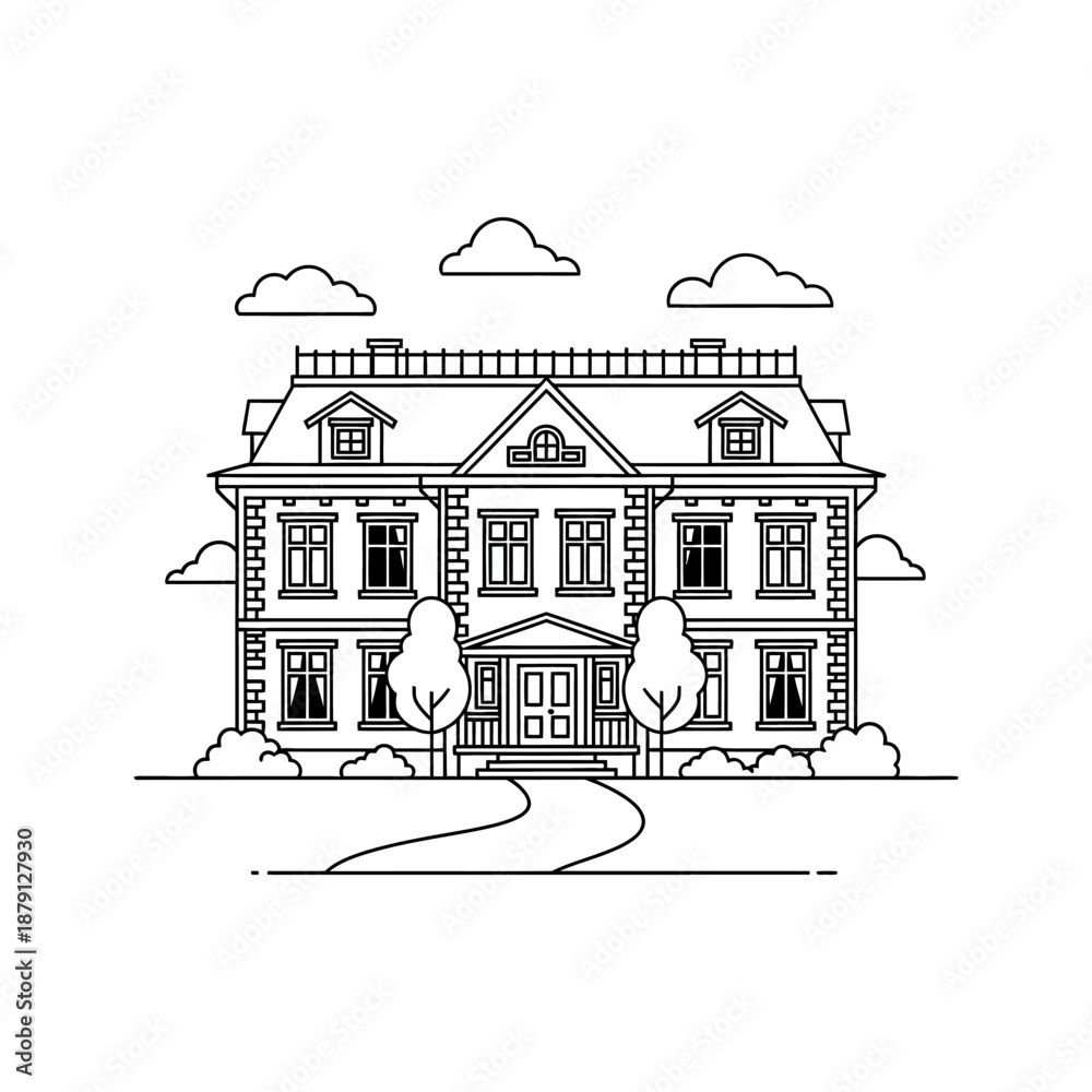 Fototapeta premium Large elegant house with trees and clouds