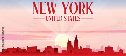Red panoramic poster of the city skyline with misty background buildings, sunrise, moon and clouds of NEW YORK, UNITED STATES