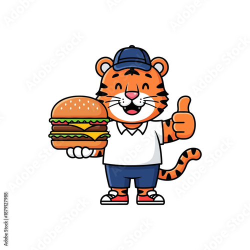 Cute tiger mascot enjoying a delicious burger with a thumbs up