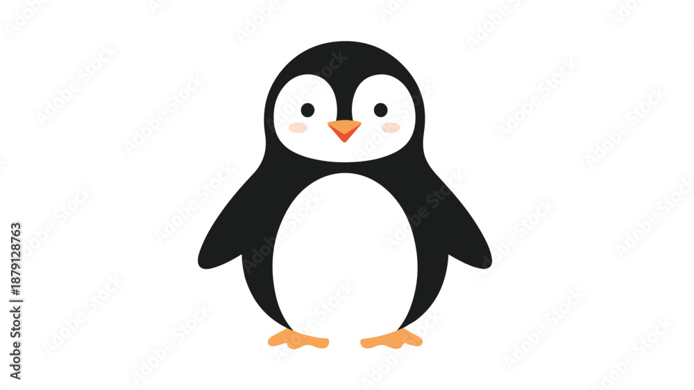 Fototapeta premium A cartoon penguin with orange feet and rosy cheeks stands against a clean white background in a flat illustration style with a cheerful mood.