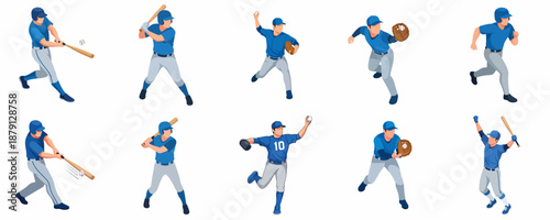 Flat Style Different Pose Baseball Player Action Silhouette Icon Set