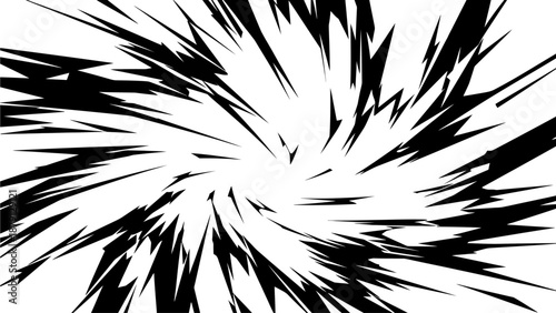 Dynamic explosion of abstract black lines radiating from the center, symbolizing energy and movement in a stark visual representation