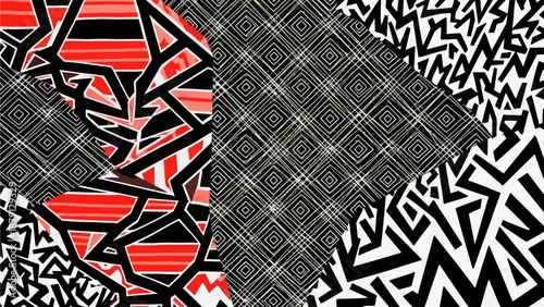 Abstract geometric patterns and shapes intersect in a dynamic composition, featuring fragmented forms and vibrant colors from various viewpoints.