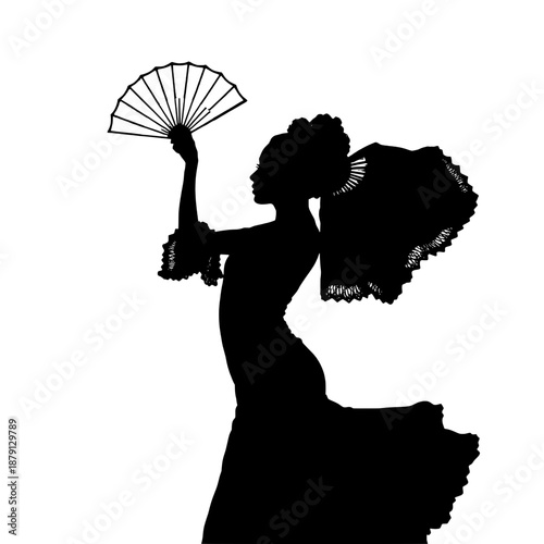 Flamenco Dancer Holding Fan Behind Head Silhouette