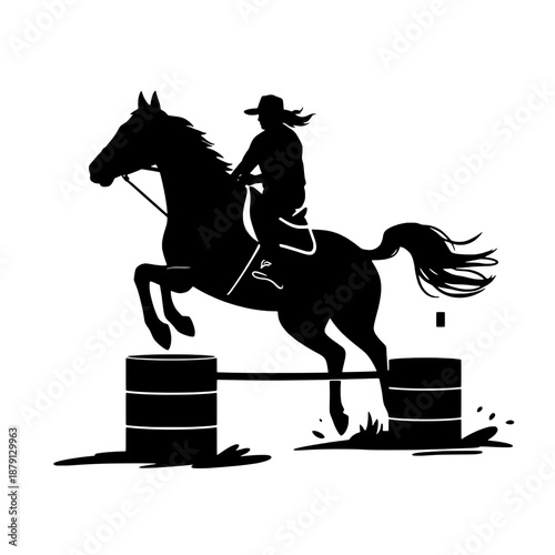 Horse Barrel Racing Silhouette with Barrels and Jumps