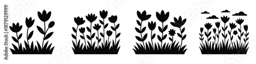 Spring Flowers Silhouette Vector Set – Blooming Floral Meadow Illustration, Black Nature Clipart with Grass and Blossoms, Decorative Garden Design for Seasonal and Botanical Art