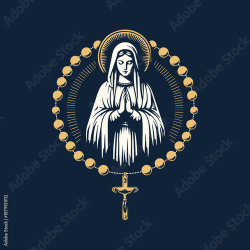Praying Virgin Mary with Rosary and Crucifix – Vector Illustration