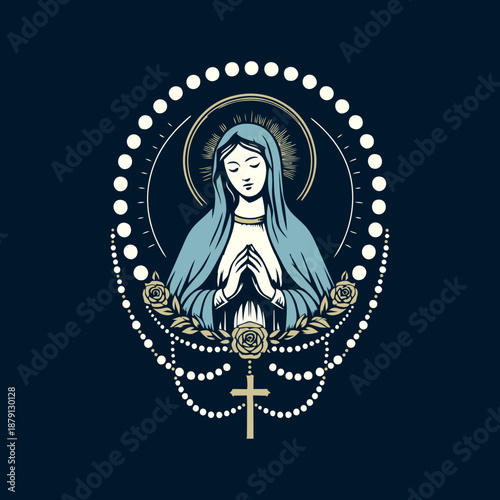 Virgin Mary with Rosary, Roses and Crucifix – Vector Illustration