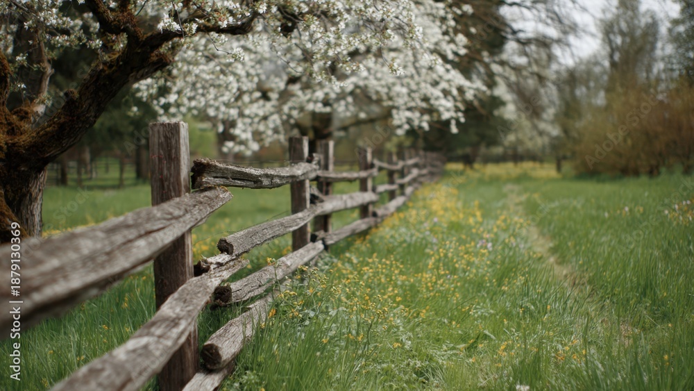 Fototapeta premium Scenic Blossom Tree and Rustic Fence