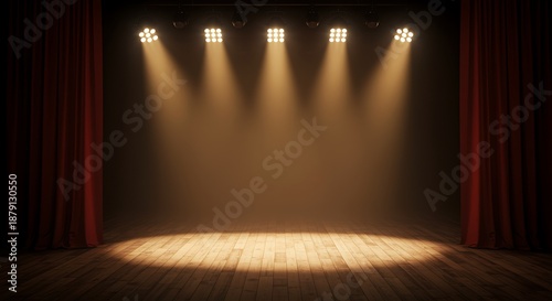 empty stage with spotlights and red curtains