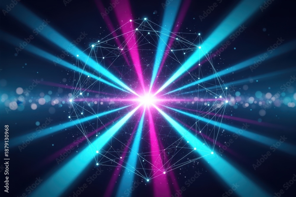 Naklejka premium Abstract digital network with bright pink and blue light rays illuminating a complex geometric structure