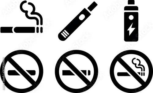Collection of icons representing traditional cigarettes and electronic vaping devices alongside prohibition signs indicating no smoking or vaping zones