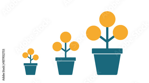 Three potted plants with gold coins growing in them in increasing size