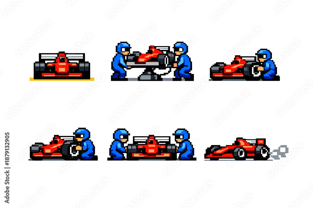 Naklejka premium Pixel art racing car pit stop sequence in action