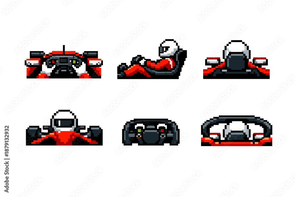 Obraz premium Pixel art F1 car cockpit icon set with driver and steering wheel