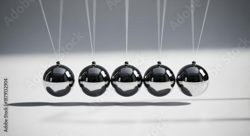 Five metal balls in motion demonstrating Newton's cradle physics  