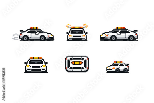 Pixel art safety car in multiple poses for video games