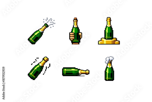 Pixel art champagne bottle in six different poses for games