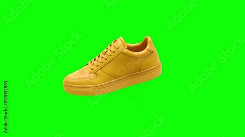 Stylish yellow leather sneaker 3D animation rotating on a green screen for fashion and footwear promo