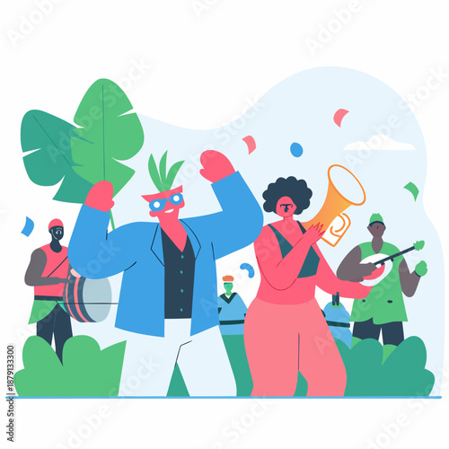 Vibrant people celebrating with musical instruments outdoors