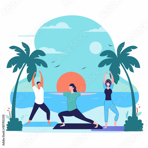 People practicing yoga on beach at sunset with palm trees