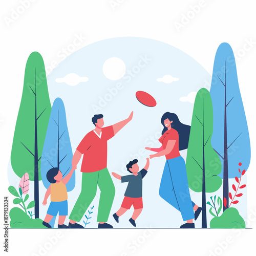 Happy family playing frisbee together in park on sunny day