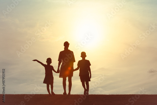 Parent Mother and Children Bonding at Golden Hour sunset 
