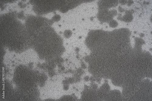 A grey cement plaster wall with dark abstract spots serves as a backdrop for a design. The surface texture of a fresh, wet plaster wall with fine sand grains.