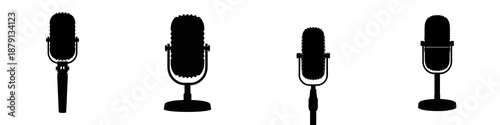 Set / Collection of Professional Microphone Silhouettes for Podcast, Radio, Music Recording, Live Concert, Interview, Broadcasting and Voice Over Concepts isolated on transparent PNG background
