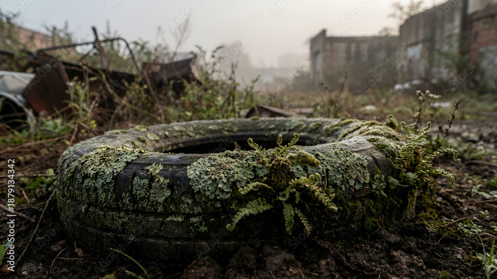 Fototapeta premium Abandoned tire covered in moss and grasses in foggy environment 