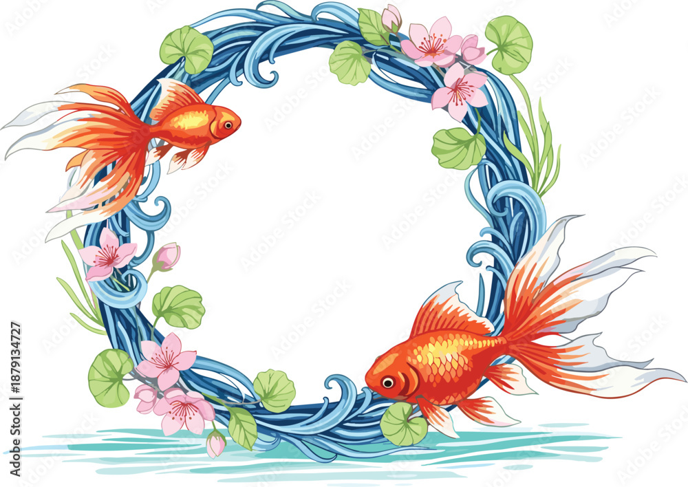 Obraz premium Two goldfish swim in a circular floral wreath with pink flowers and green leaves, illustration, top view