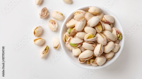 A bowl holds many pistachio nuts with some shells remaining. A few pistachios are scattered on the white surface around the bowl. Natural light highlights the scene.