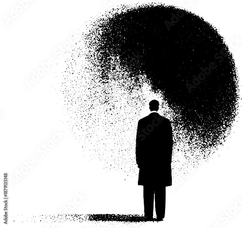 Silhouette of a solitary male figure against abstract black and white pattern