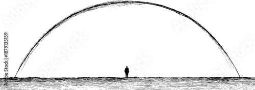 Silhouetted figure under large arch in monochrome ink drawing