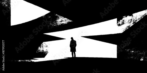 Silhouette of person in abstract black and white geometric landscape