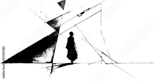 Silhouette of lone figure in abstract geometric black and white composition