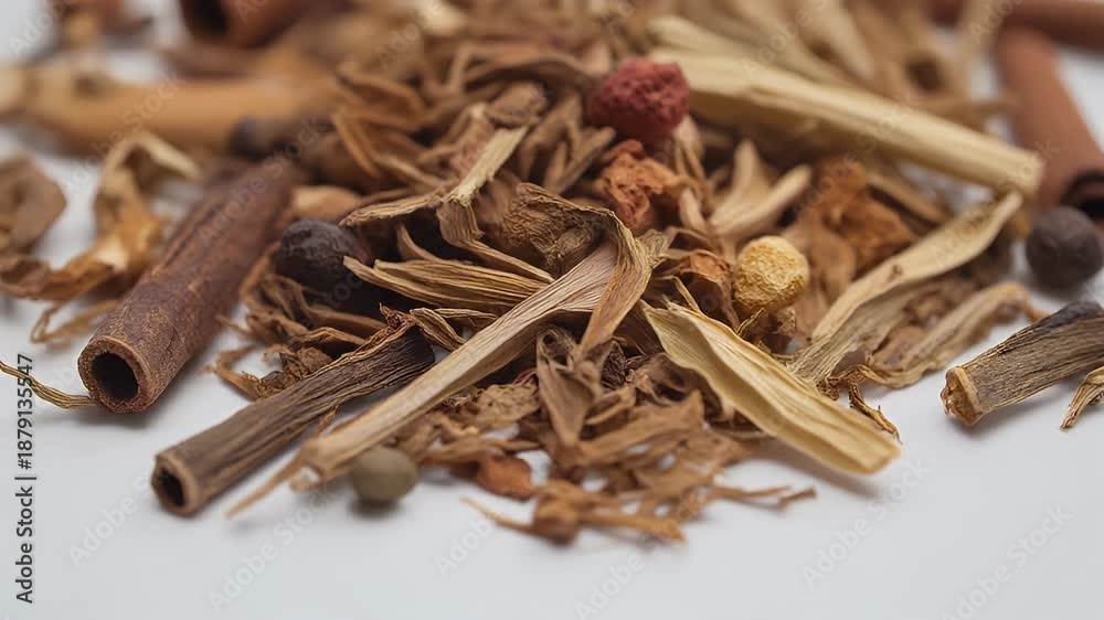 custom made wallpaper toronto digitalA close-up view of various dried roots, spices, and cinnamon sticks against a white background.