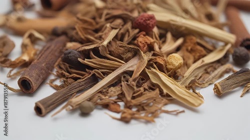 Wallpaper Mural A close-up view of various dried roots, spices, and cinnamon sticks against a white background. Torontodigital.ca