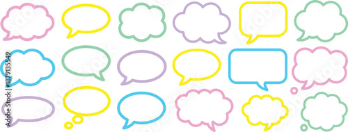 Colorful speech bubble outline vector set with chat balloons, thought clouds and comic dialogue shapes for business communication, mobile apps, presentations and marketing projects