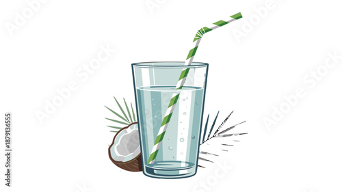 A refreshing coconut water drink in a glass with a straw.