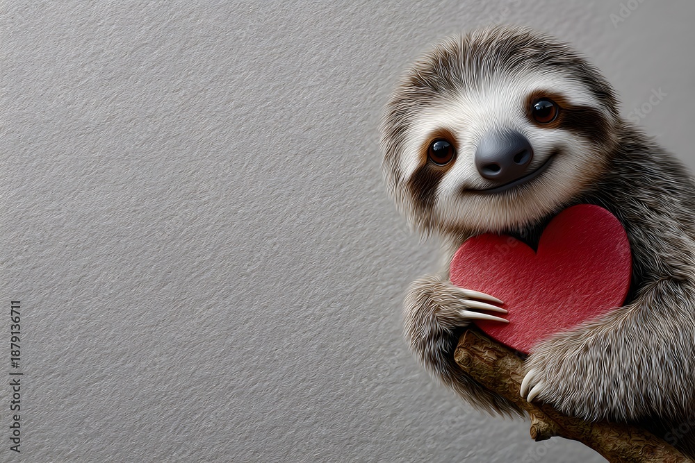 Obraz premium Sloth character hangs from a branch while holding a heart for St Valentines Day