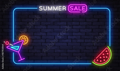 Neon summer sale frame with cocktail and watermelon icons on brick background. Fresh glow works well for seasonal promotions and retail ads.